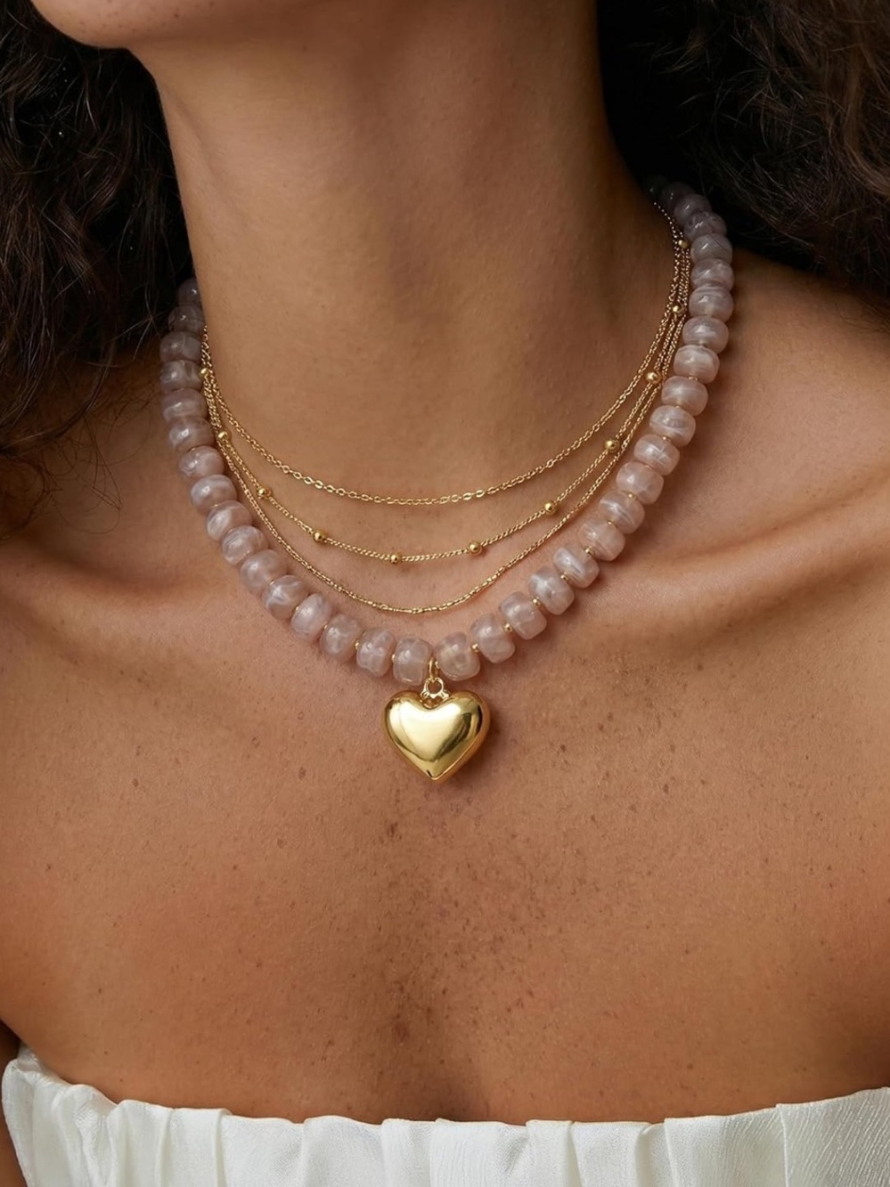 Dopamine Gold Heart Pendant Grey Bead Chunky Necklace